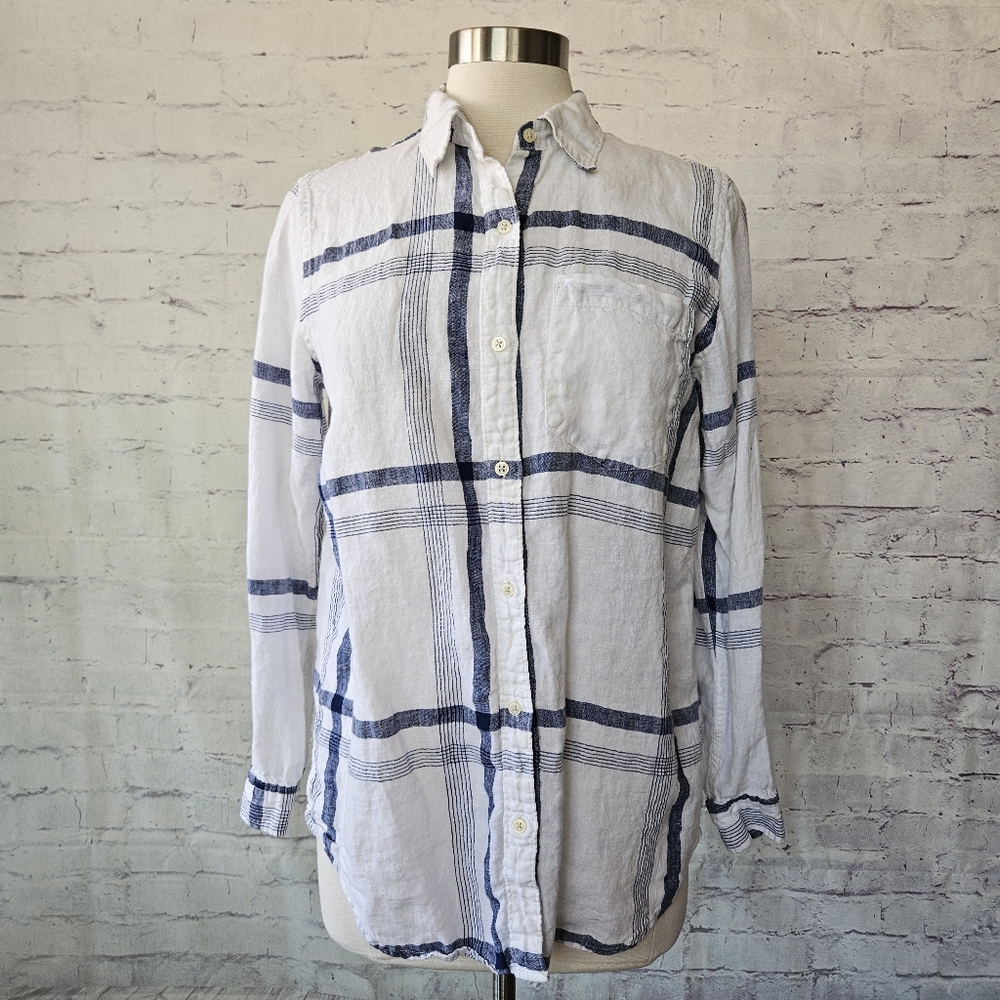Gap Boyfriend Fit White Blue Plaid Linen Long Sleeve Button Up Shirt Medium - Picture 2 of 13